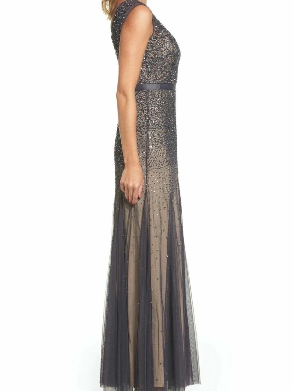 Adrianna Papell beaded mermaid mesh gown in graphite and taupe - Picture 5 of 15